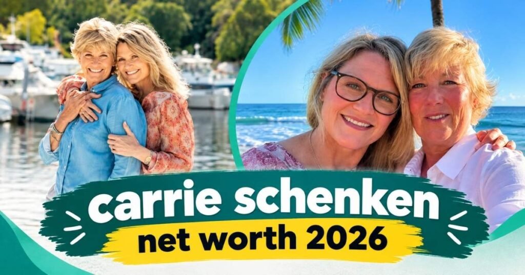 Carrie Schenken with Amanda Bearse in a featured image highlighting Carrie Schenken net worth in 2026.