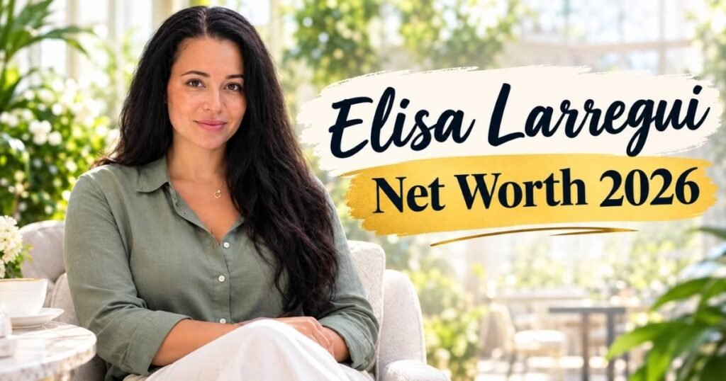 Elisa Larregui sitting in a bright garden-style setting with the text “Elisa Larregui Net Worth 2026” displayed on the image.