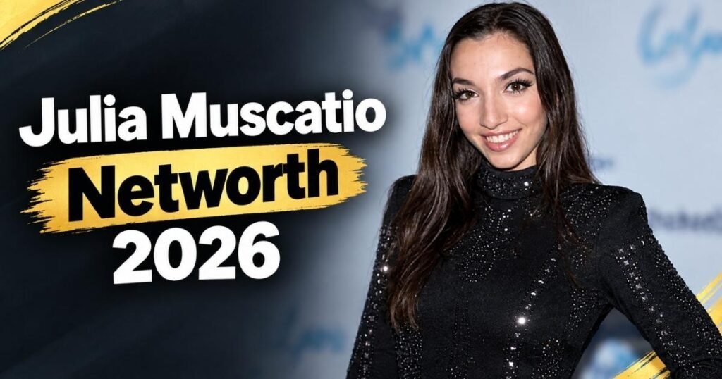 Julia Muscatio smiling in a black sequined outfit, with the text “Julia Muscatio Networth 2026” on a dark and gold featured-image background.