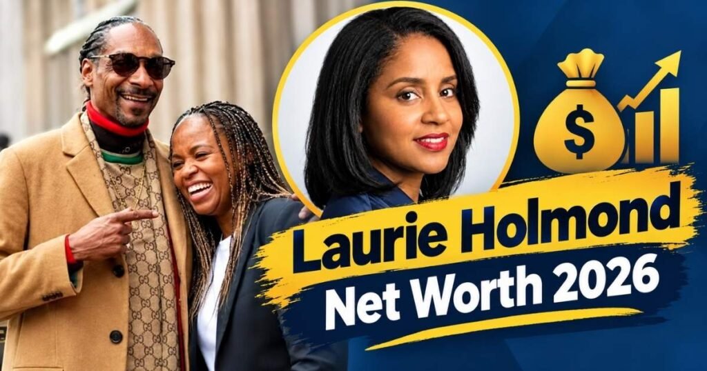 Laurie Holmond Net Worth 2026 featured image showing Laurie Holmond alongside Snoop Dogg and a money bag graphic.